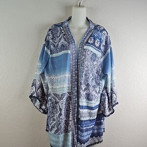 Catherines Women's Navy Open Front Bell Sleeve Lace Trim Cardigan Sweater 1X